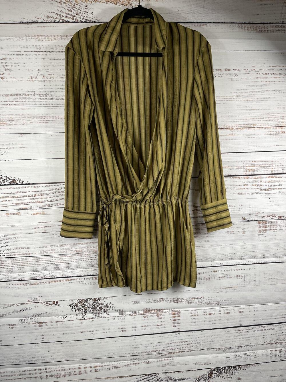 Musera Dress Women's Size Medium Green Stripe Wrap Collared Long Sleeve Short